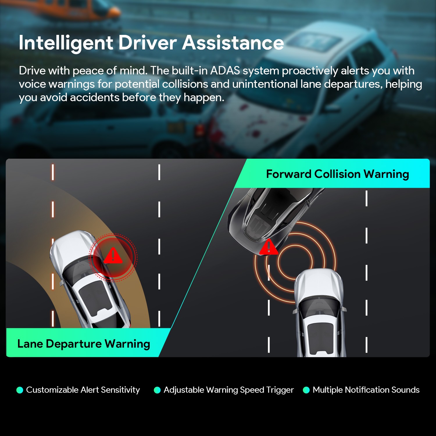 ADAS 2K QHD DVR Driver Assistance Car Camera Video Decorder Dash Cam Sound 140°
