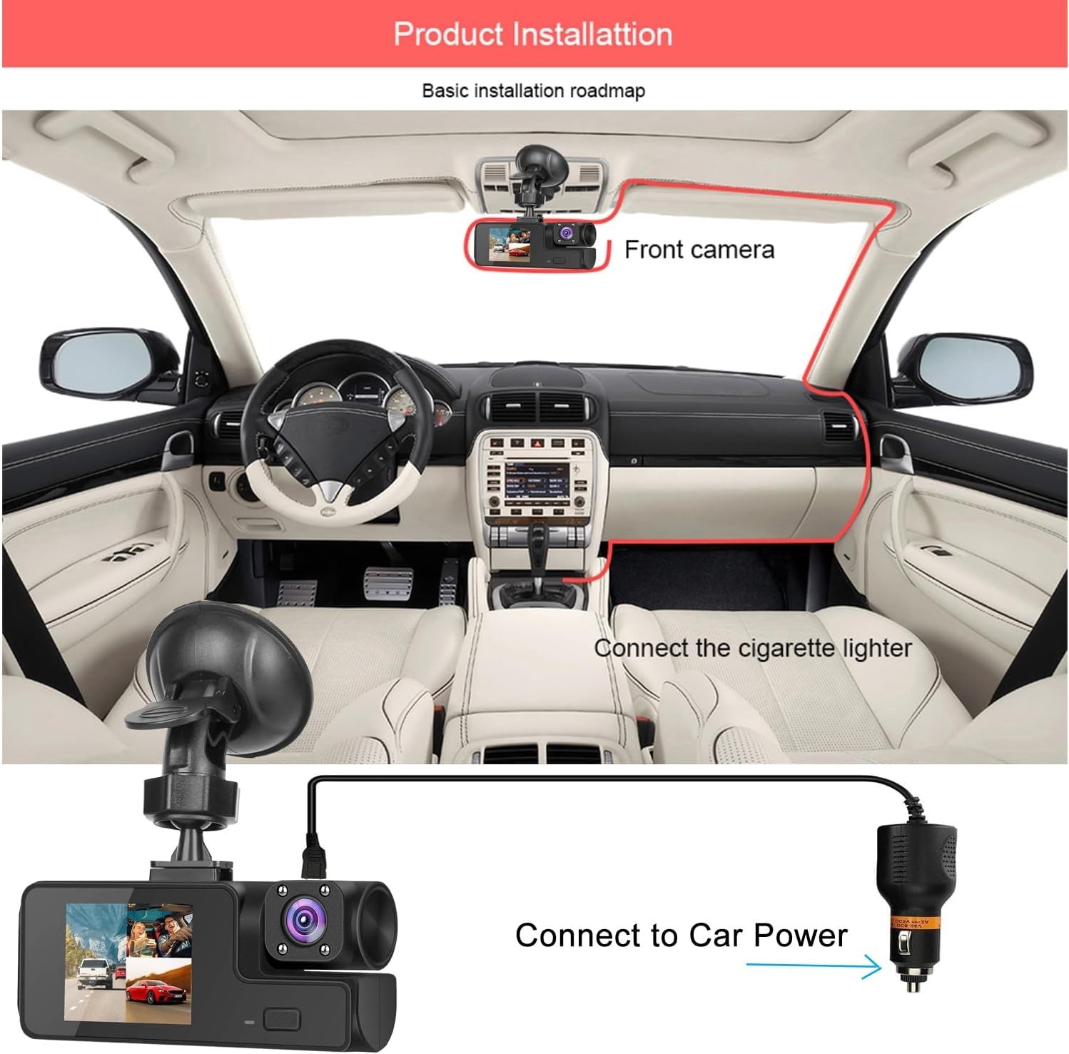 1080P Dual Dash Camera for Car Front and Inside Dashcam Security Black