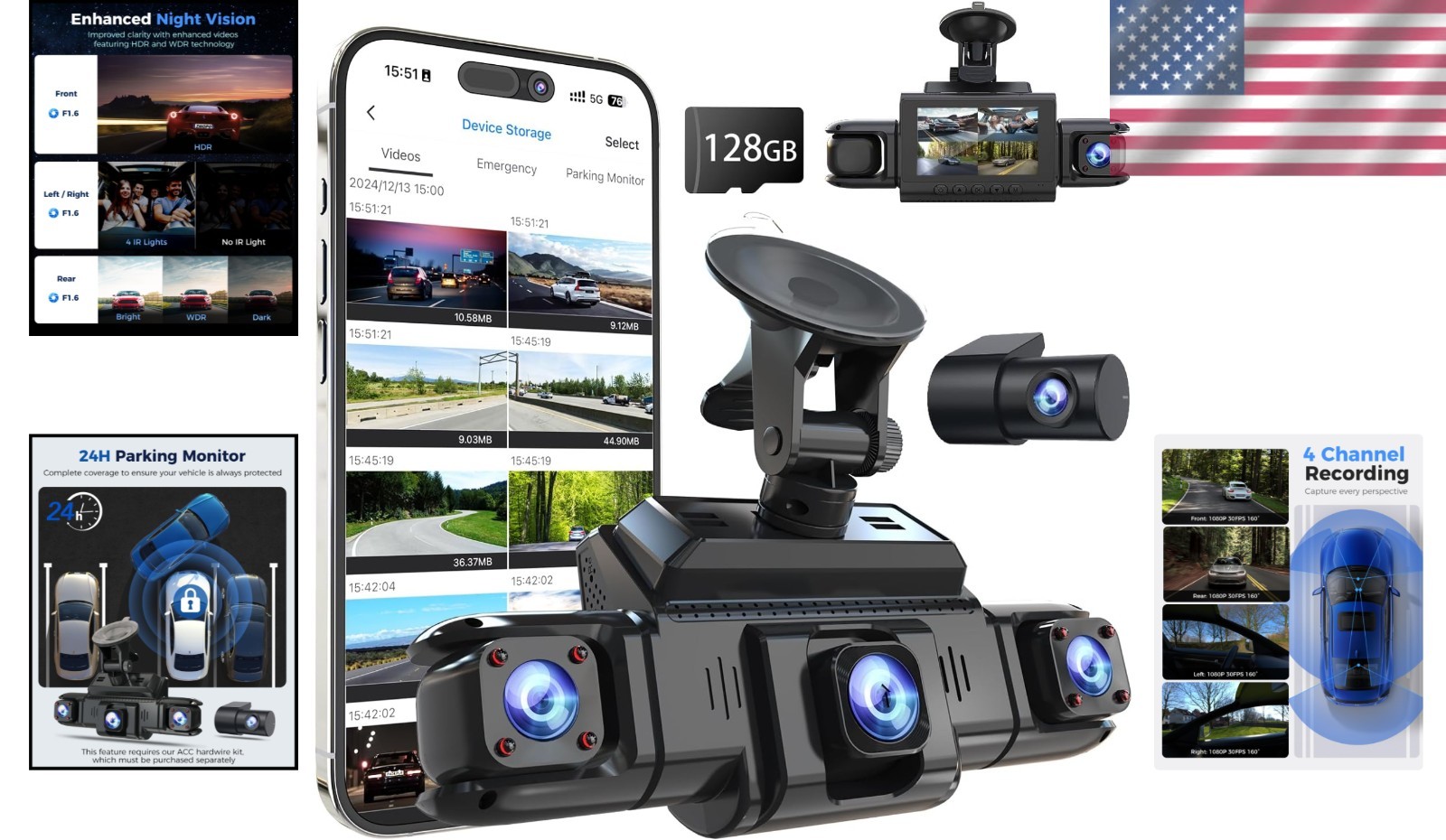 4-Camera Dash Cam with Night Vision & GPS