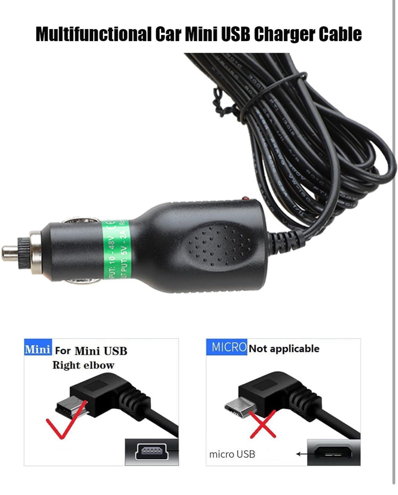 Dash Cam Charger Cable, GPS Navigator Charger, Mini USB Right Port, 12V
