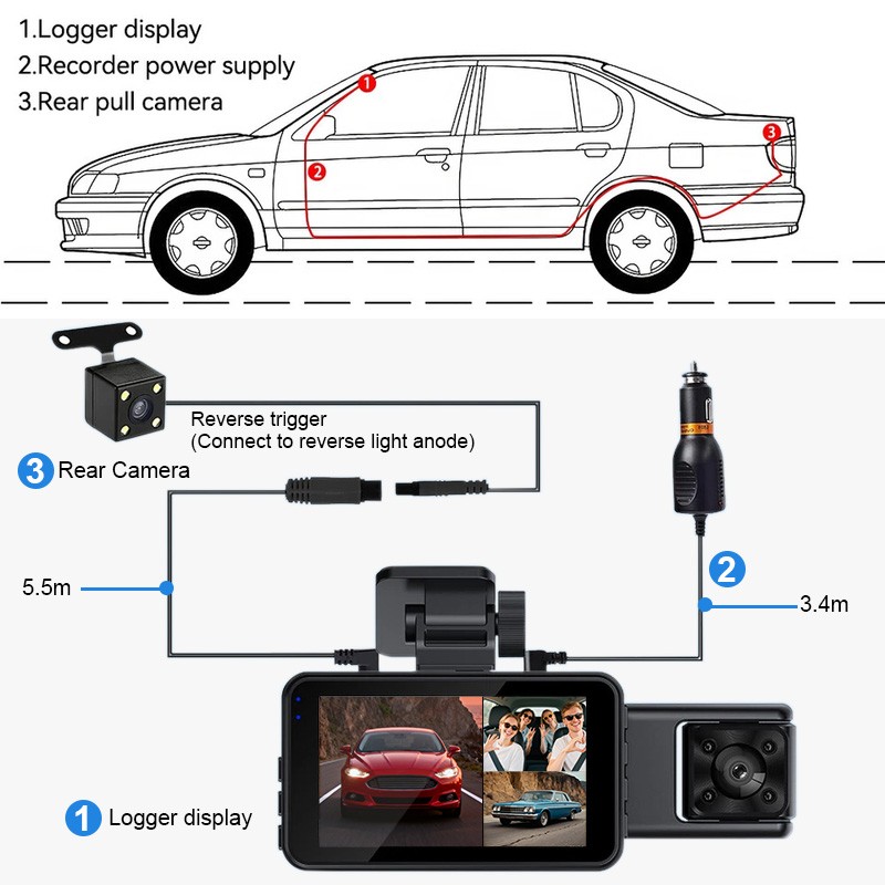 4K Dual Lens Car DVR Camera Dash Cam Front+Rear+Inside Video Recorder G-Sensor