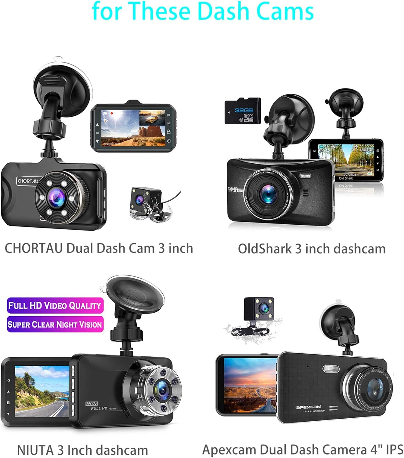 Dash Cam Mount Compatible with Chortau/Oldshark/Niuta/Apexcam Dashcam, Suction C