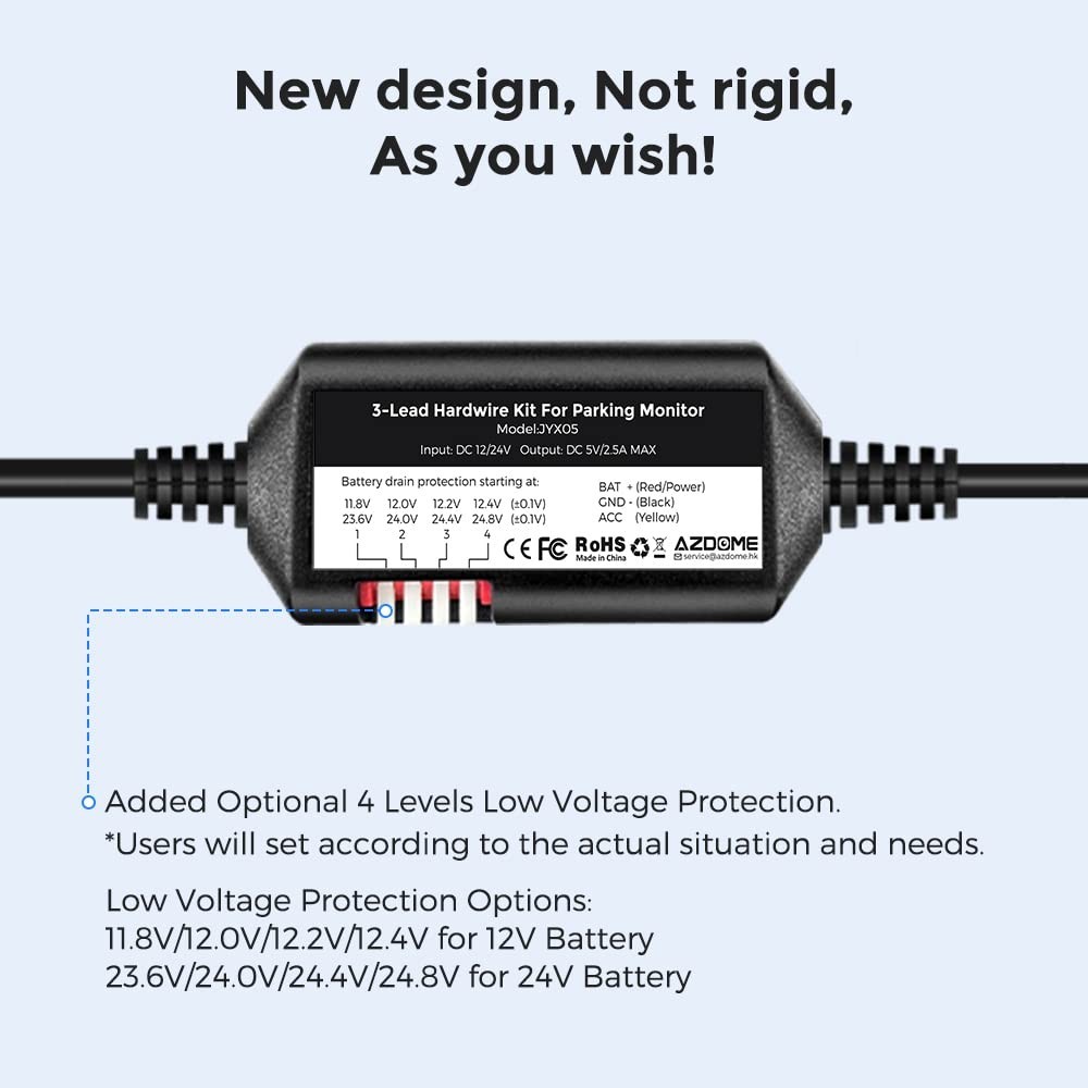 3-Lead Hardwire Kit Type-C USB for Dash Cam, 12ft with Fuse, 24H Parking Mode, 5