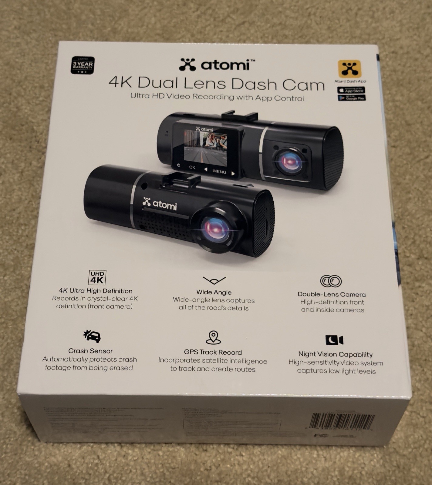 ATOMI 4K Dual Lens Dash Cam w/ 32GB Memory Card