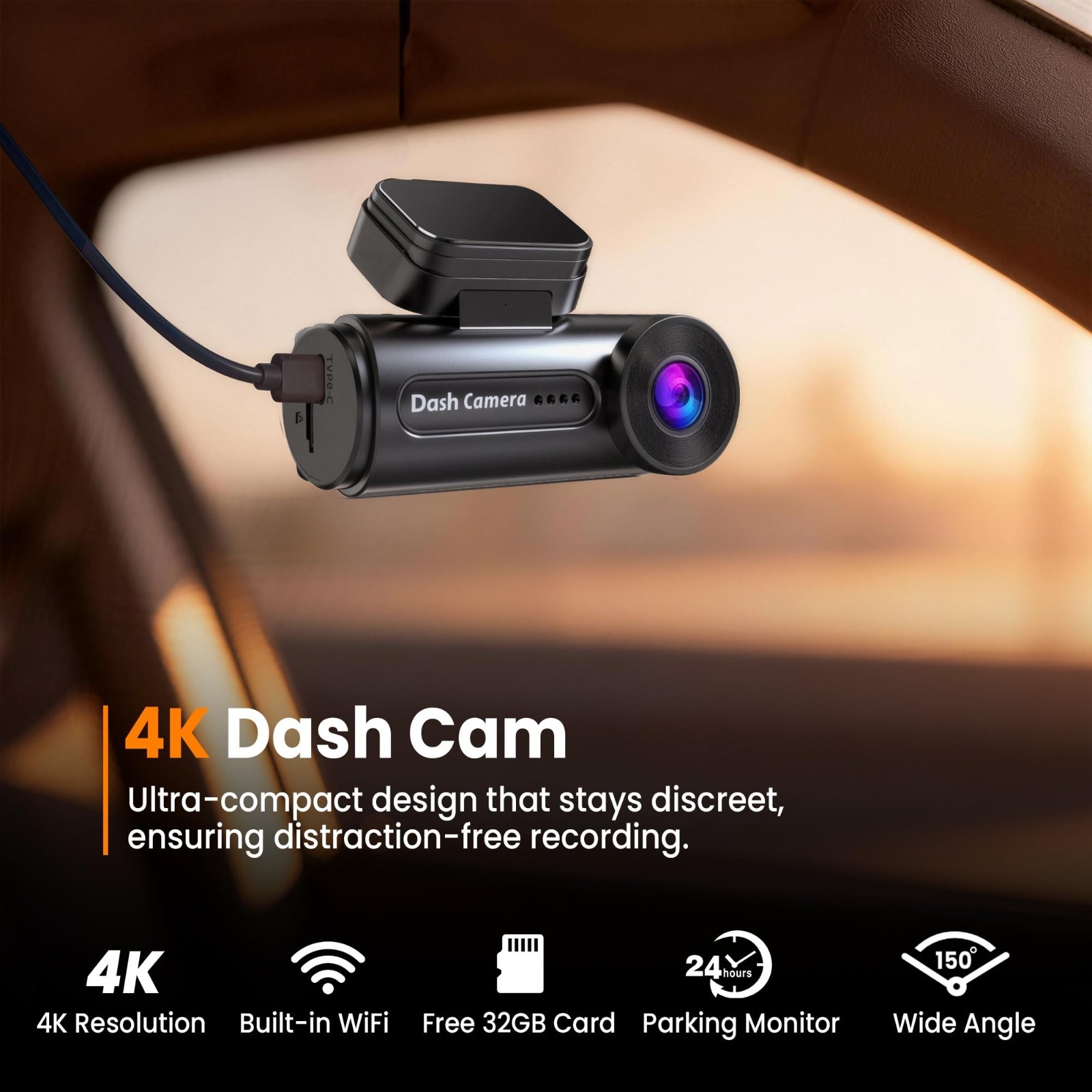 4K Dash Cam with WiFi, Night Vision, Loop Recording, G-Sensor, 32GB Card Include