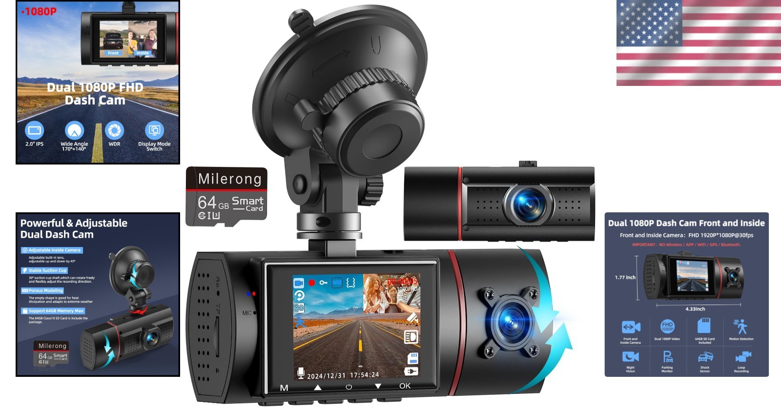 Front and Inside Dual Dash Cam 1080P with 64GB Card