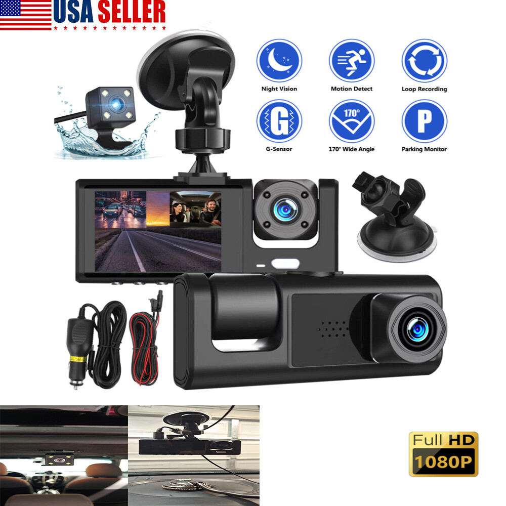 Car Dual Lens Dash Cam Front/Rear/Inside Video Recorder Camera G-sensor HD 1080P