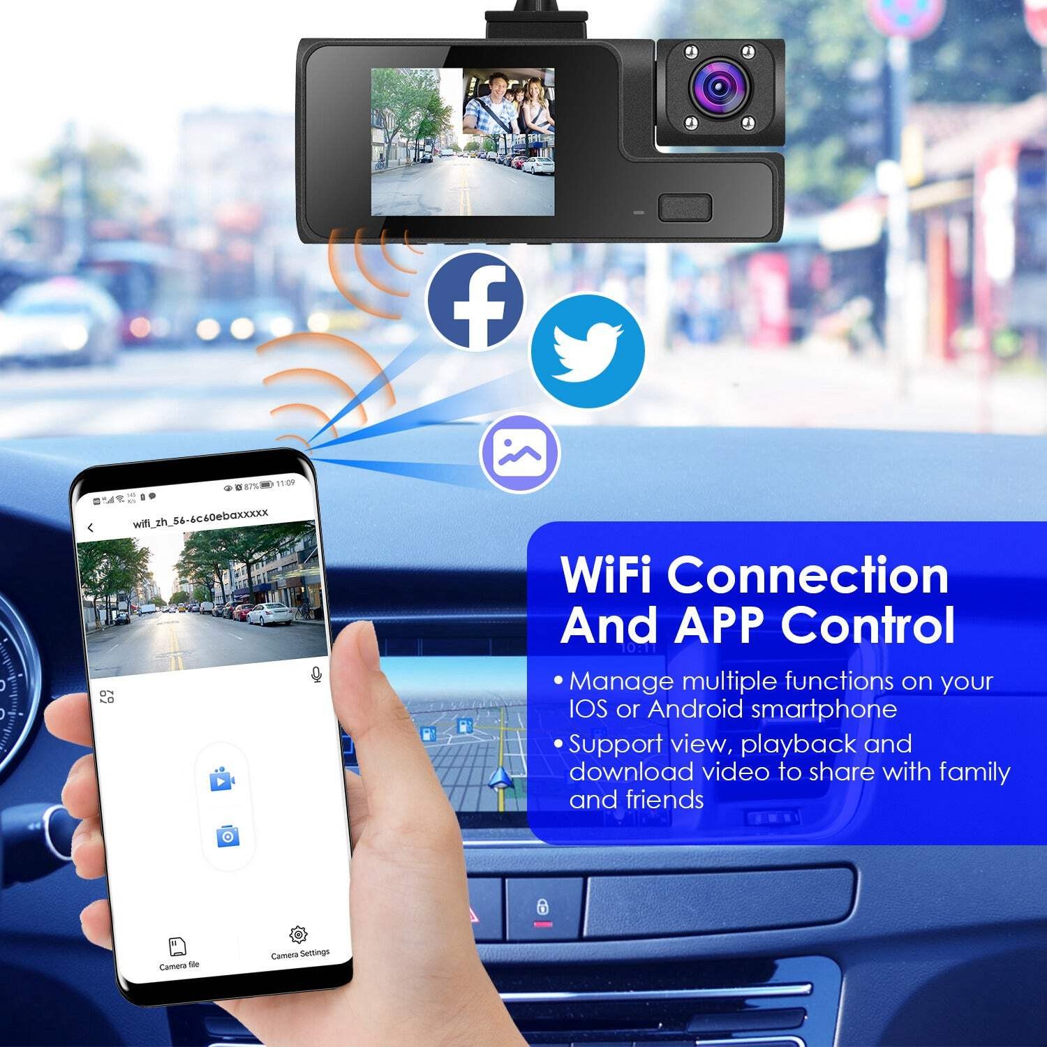 WiFi 1080P 3 Channel Car Dash Cam Front Rear Inside Camera 170° Wide Angle 64GB