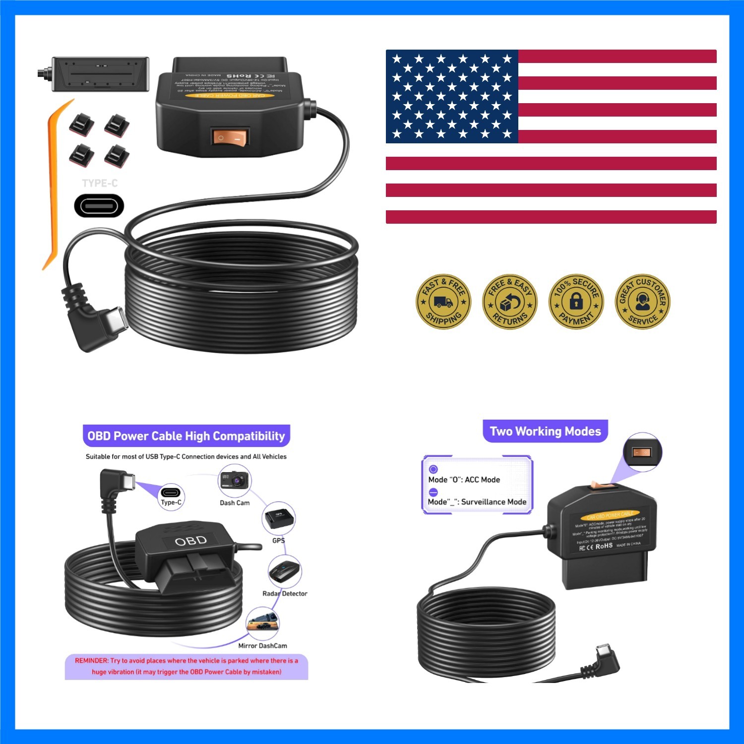 OBD Dash Cam Power Cable, Type-C USB Hardwire Kit 12V-36V to 5V/3A Charger | …