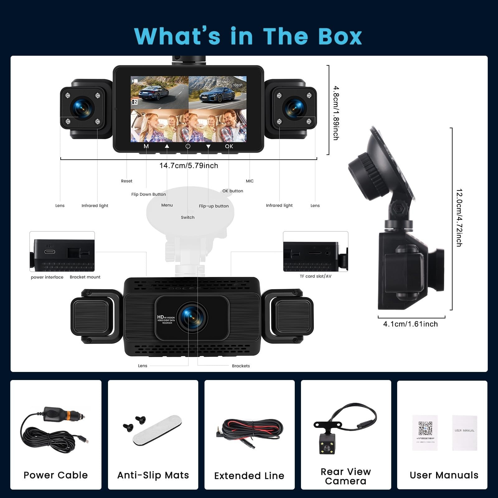 4 Channel 360° Dash Cam FHD 1080P, Front & Rear Car Camera, WiFi, Night Vision,