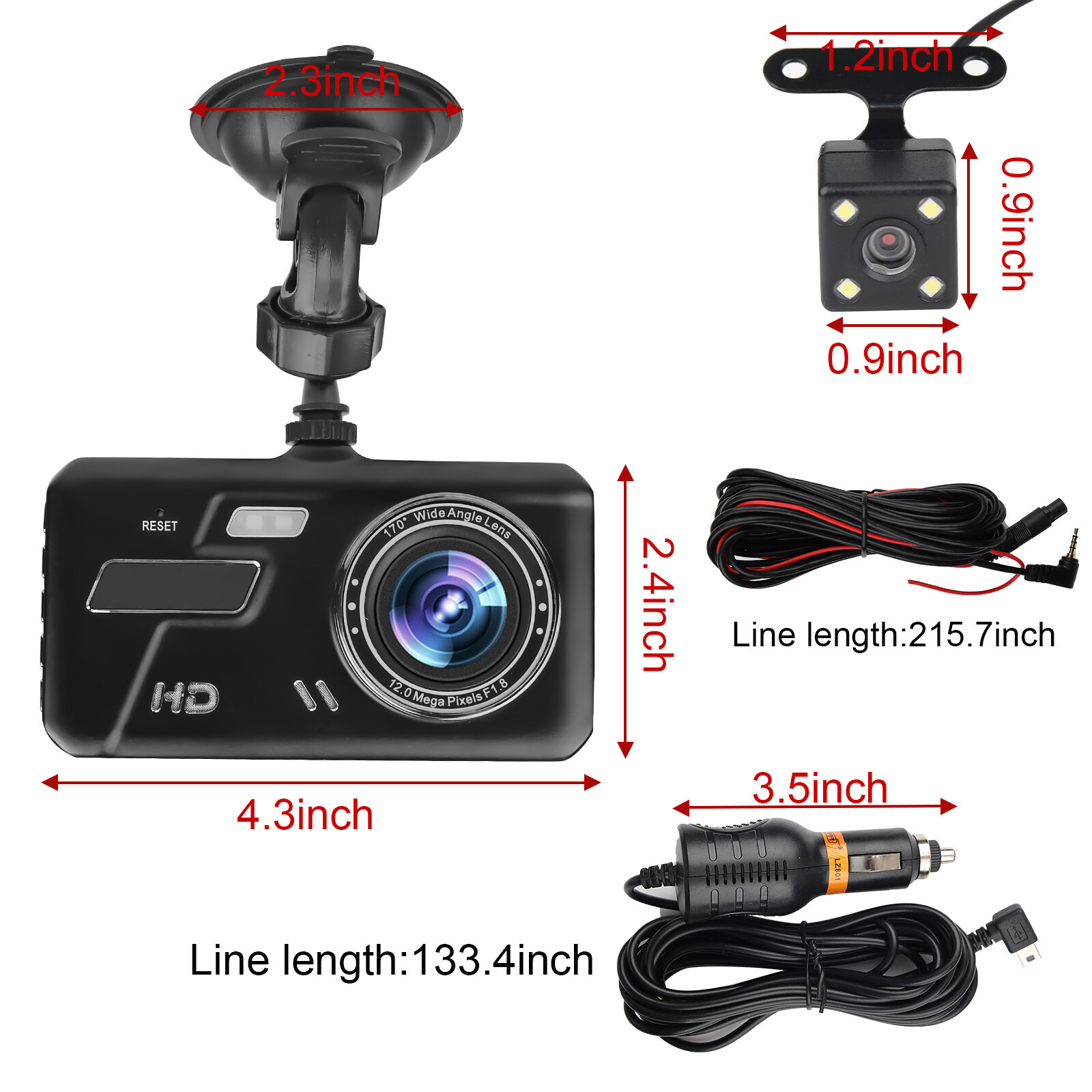 HD 1080P Car Dual Lens Dash Cam Front/Rear/Inside Video Recorder Camera G-sensor