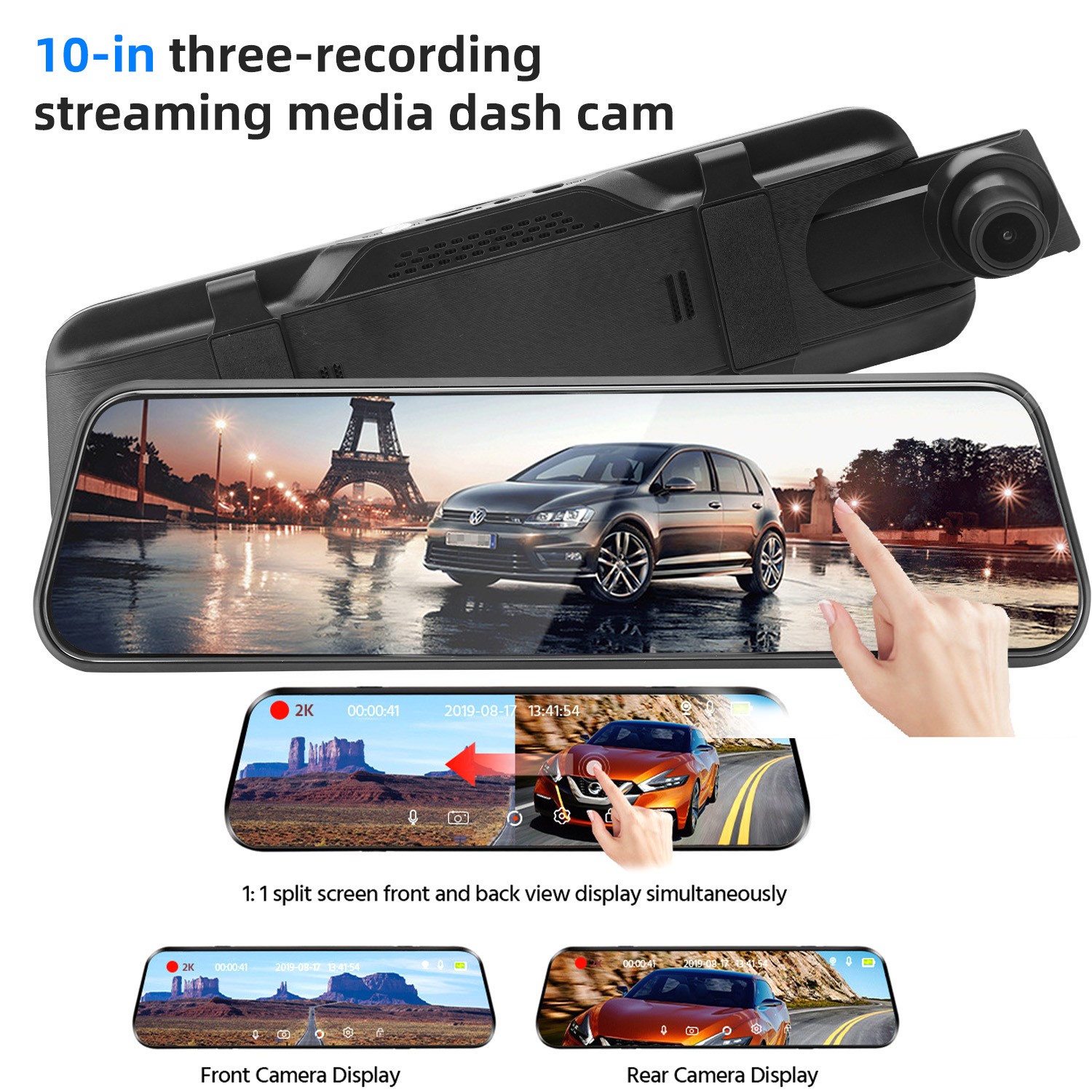 10 Inch 4K Dash Cam Front and Rear With WiFi App,Night Vision and Dual Recording