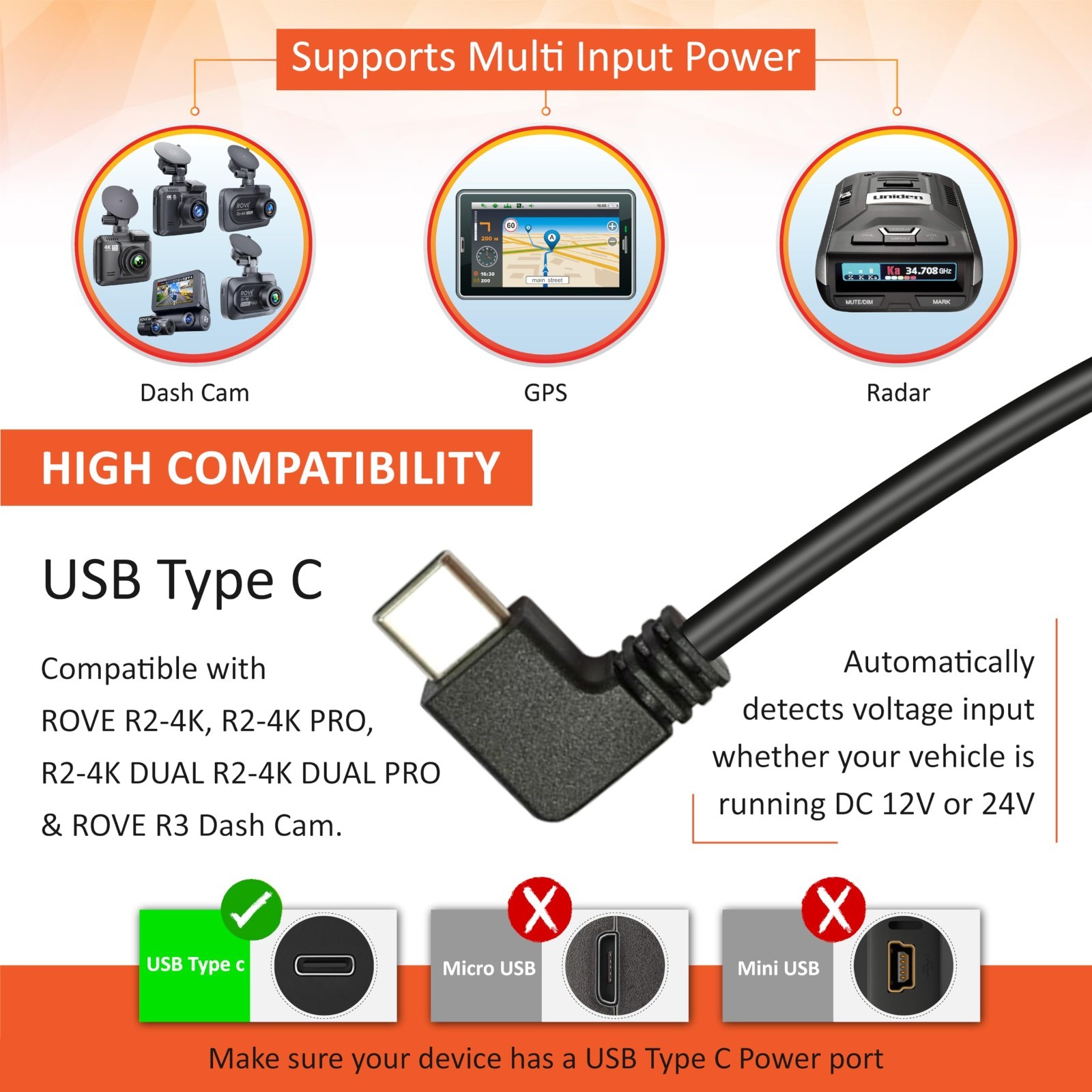 Dash Cam Hardwire Kit with USB-C Port | 24Hr Parking Monitoring & Low Voltage Pr