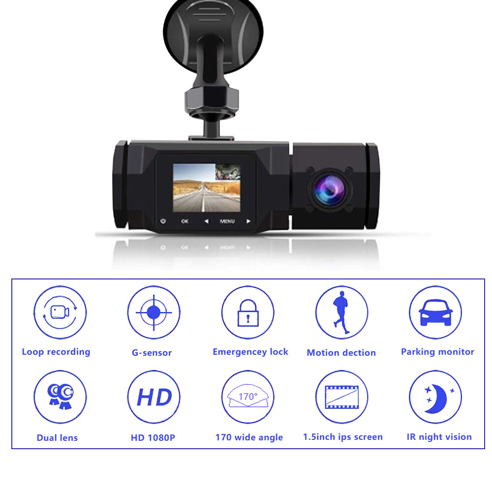 Dual Lens Dash Cam 1080P Car Camera Front Inside Recorder Night Vision G-sensor