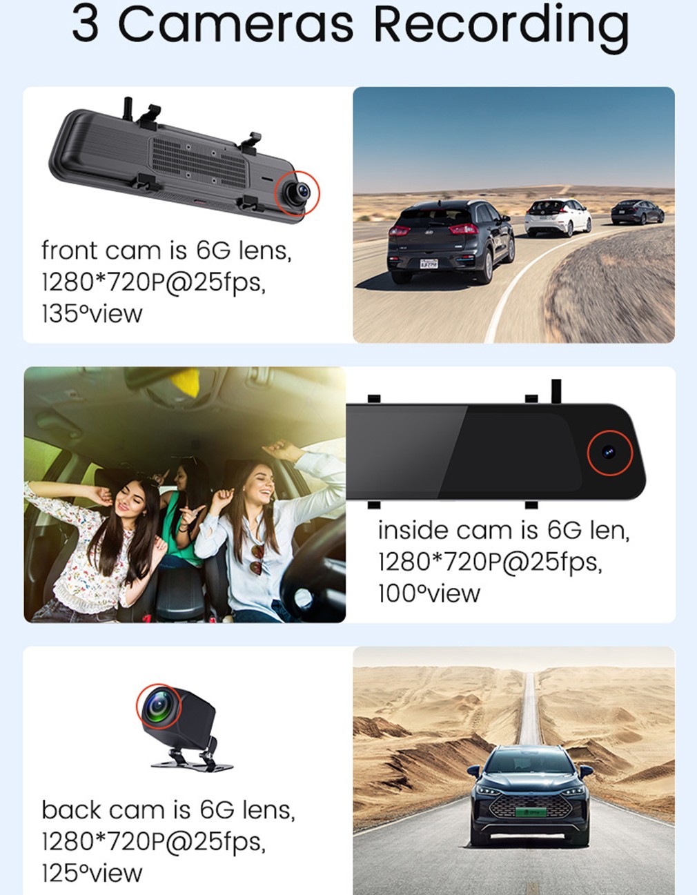 4G LTE 3 Channels Android Dash Cam With Touch Rearview Mirror Wifi APP GPS ADAS