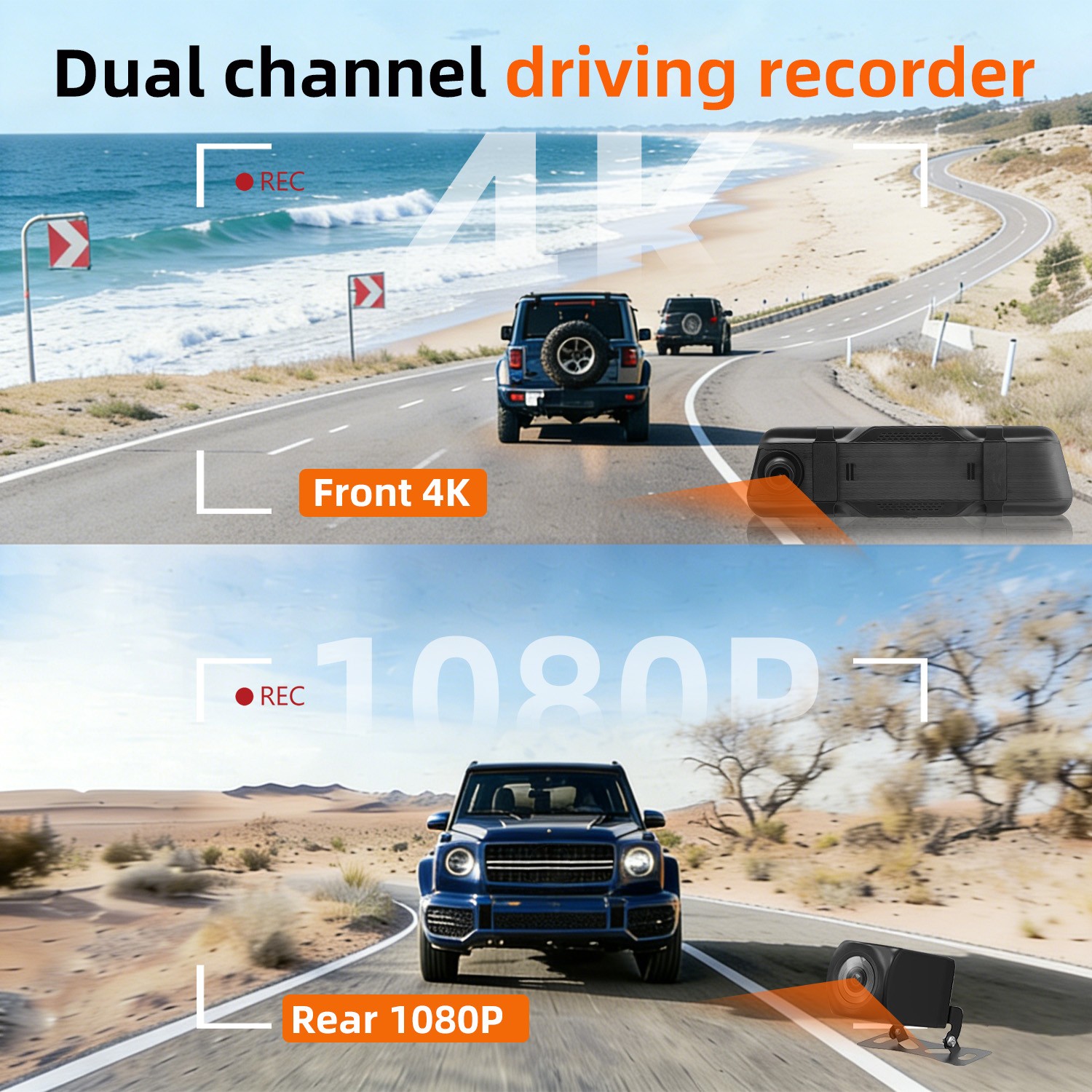 9.6″ Car Mirror Dash Cam with Front + Rear Cameras, WiFi, Parking Monitor, Black