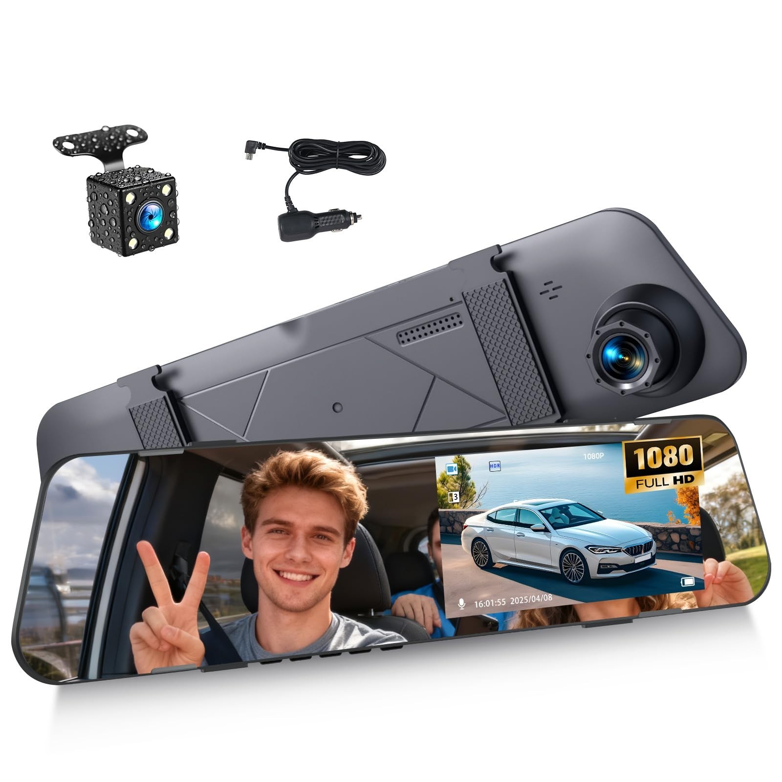 4.5″ Dual Lens Mirror Dash Cam 1080P Front & Rear View Camera, G-Sensor, Parking
