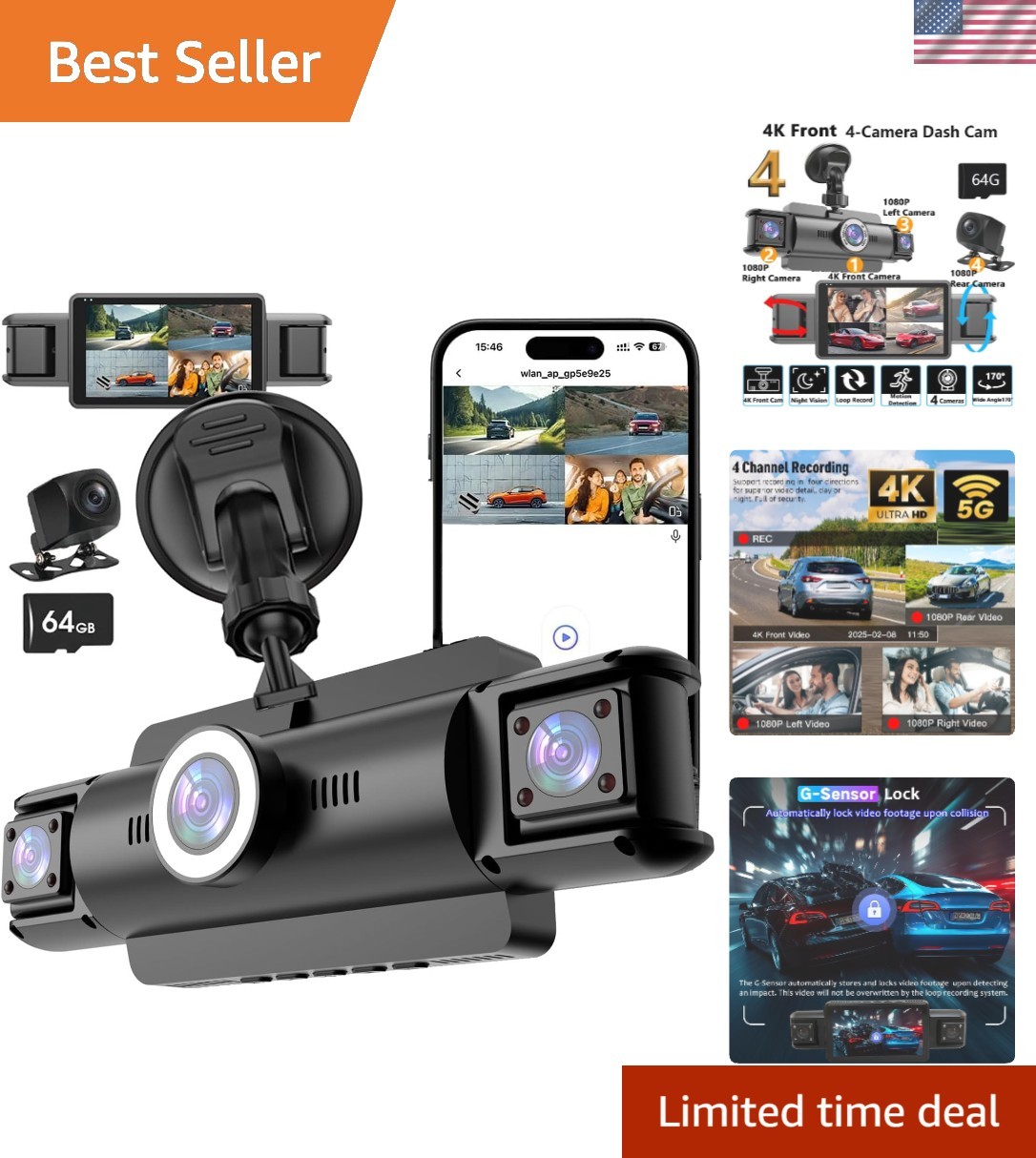 4K Front and Rear Dash Cam with Loop Recording, 24H Monitor & Mobile App Control