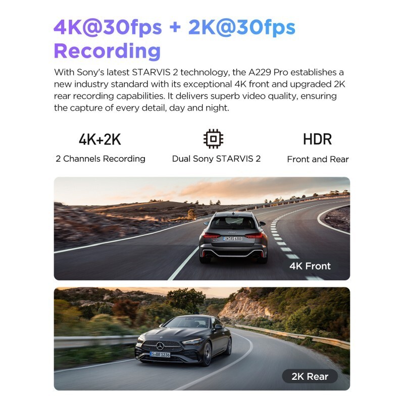 VIOFO A229 PRO 2CH Front and Rear 4K+2K HDR WiFi Dashcam with Sony STARVIS 2