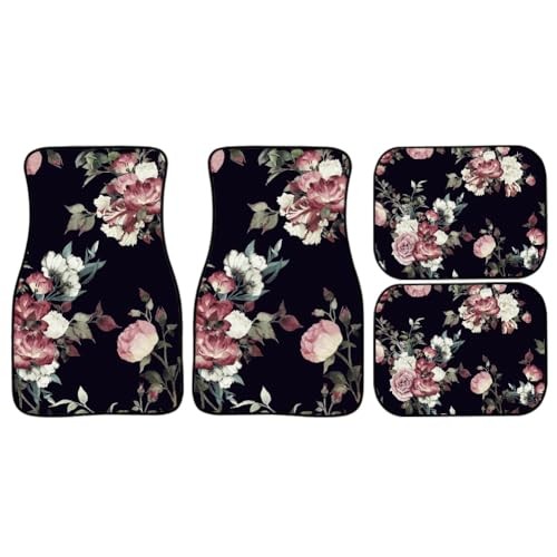 Floral Car Floor Mats Set, Seamless Floral Pattern with Roses Pink Black
