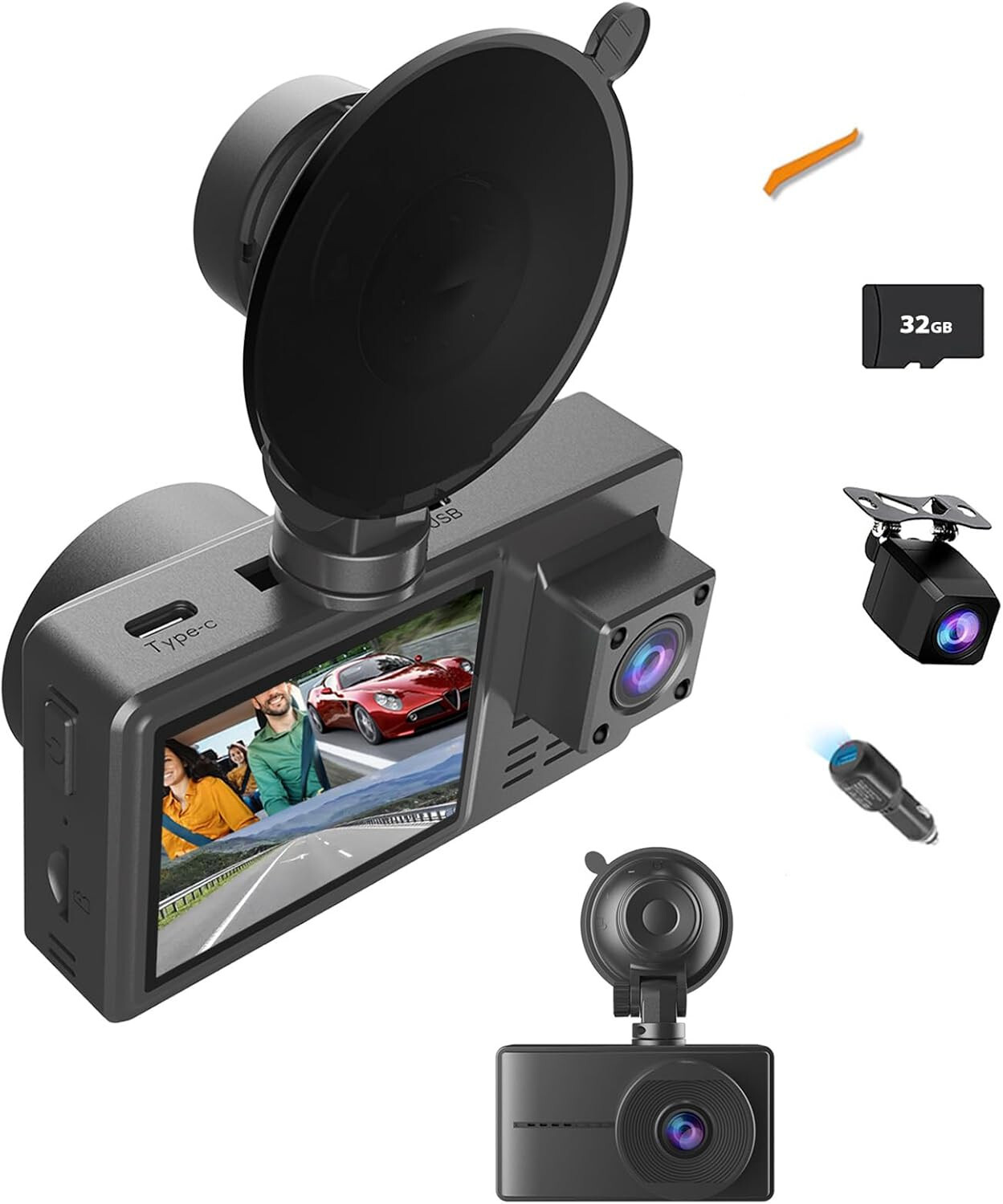 Dash Cam, 3 Channel Dash Cam, Metal Dash Camera for Cars with 2″ LCD Screen 3038