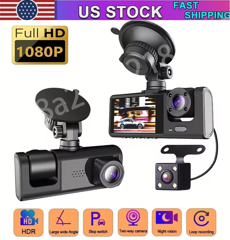 Car Dual Lens Dash Cam HD 1080P Front/Rear/Inside Video Recorder Camera G-Sensor