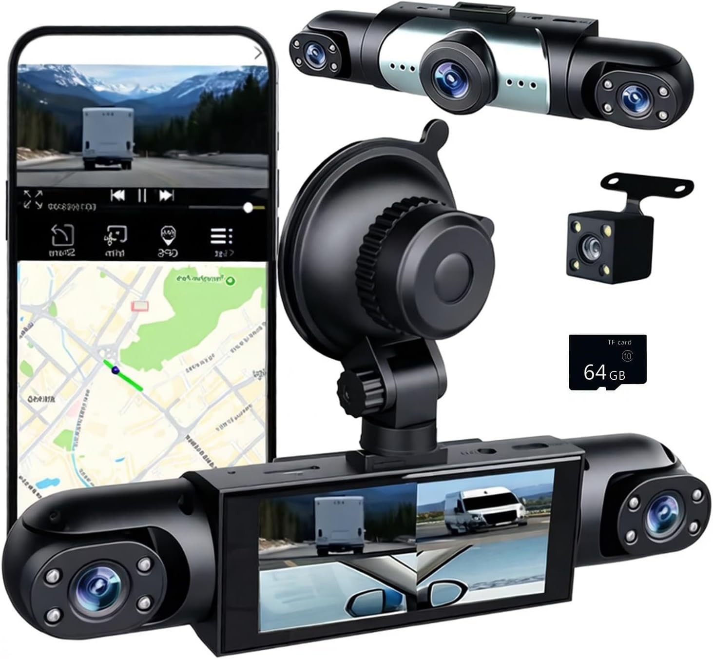 All-Around 360° Dash Cam – 1080P, Night Vision & App Control with 64GB Card