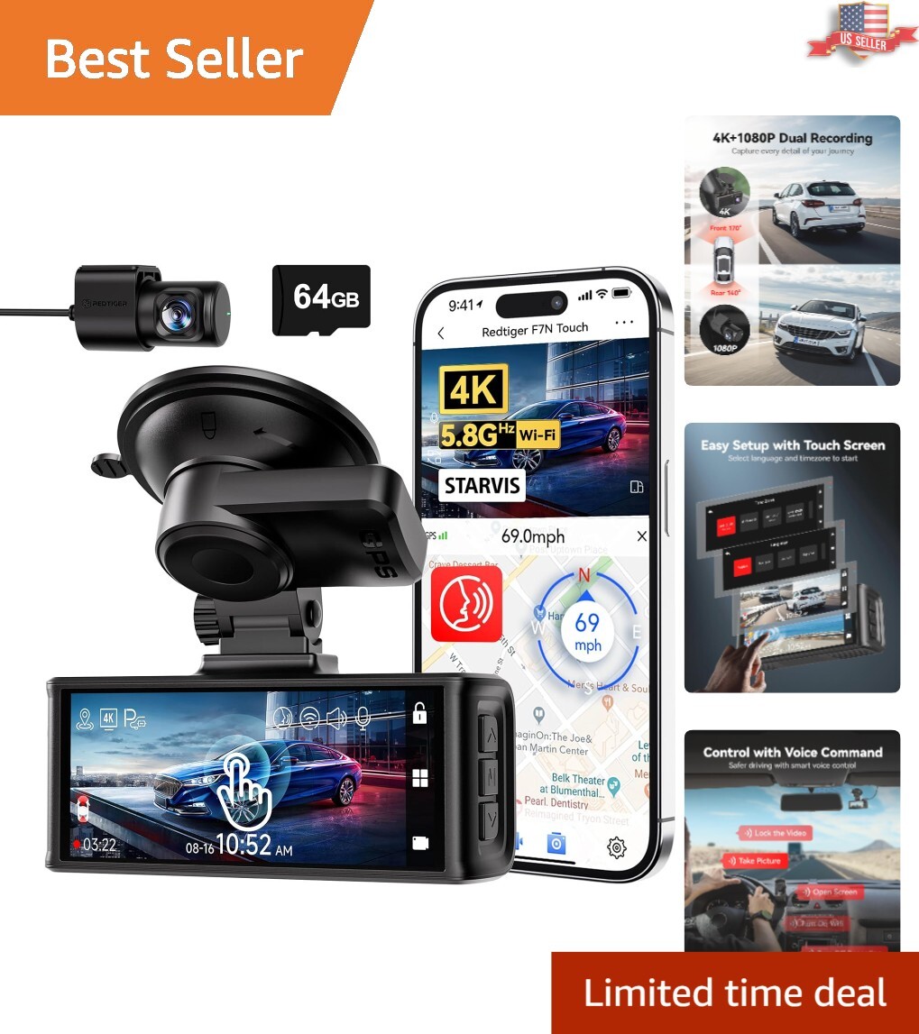 4K Dual Channel Dash Cam with Voice Control & Built-In GPS – 64GB Card Included