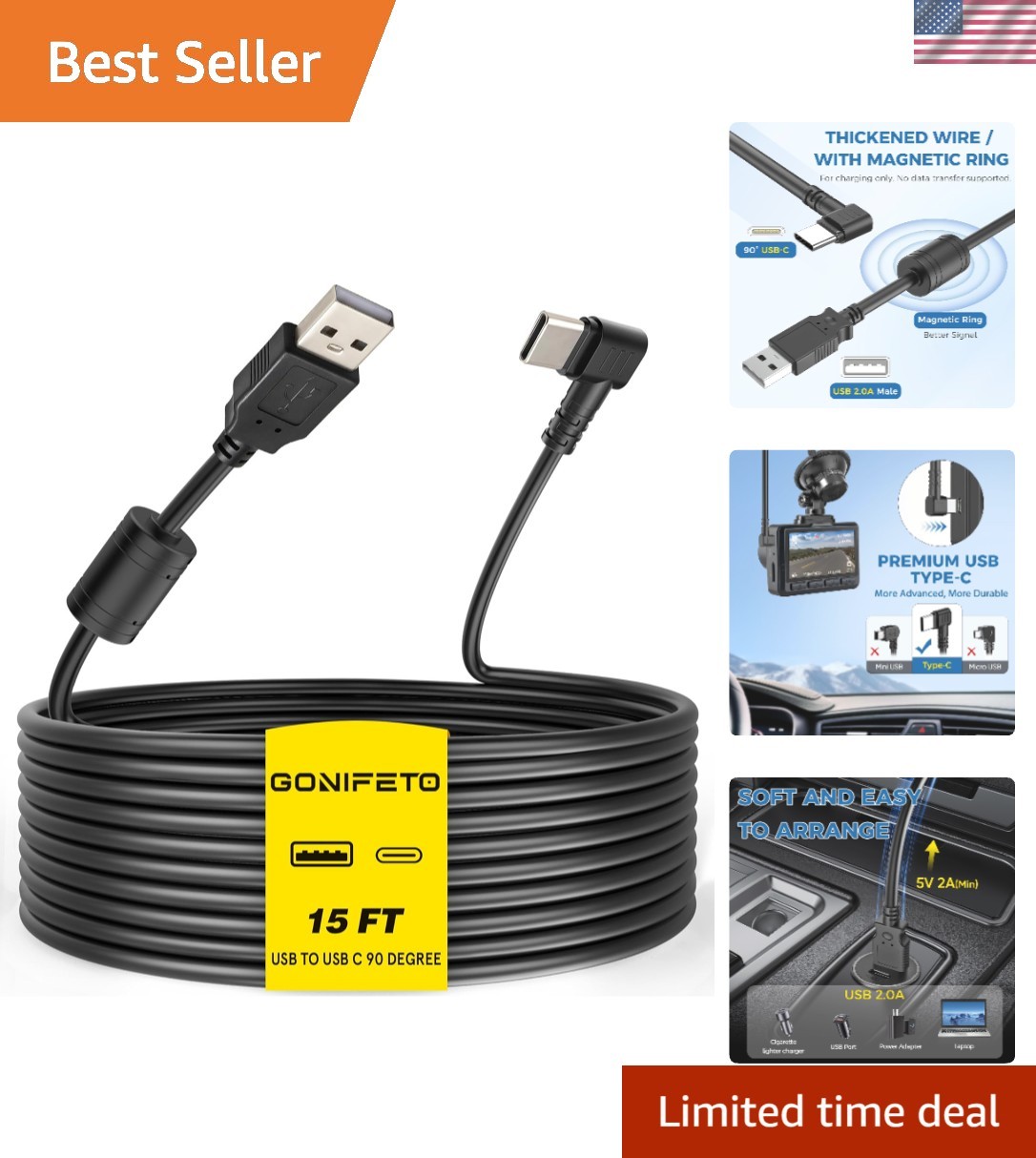 Dash Cam Cable for USB C Dash Cam,15FT 90 Degree Angle Type C Adapter Dash Ca…