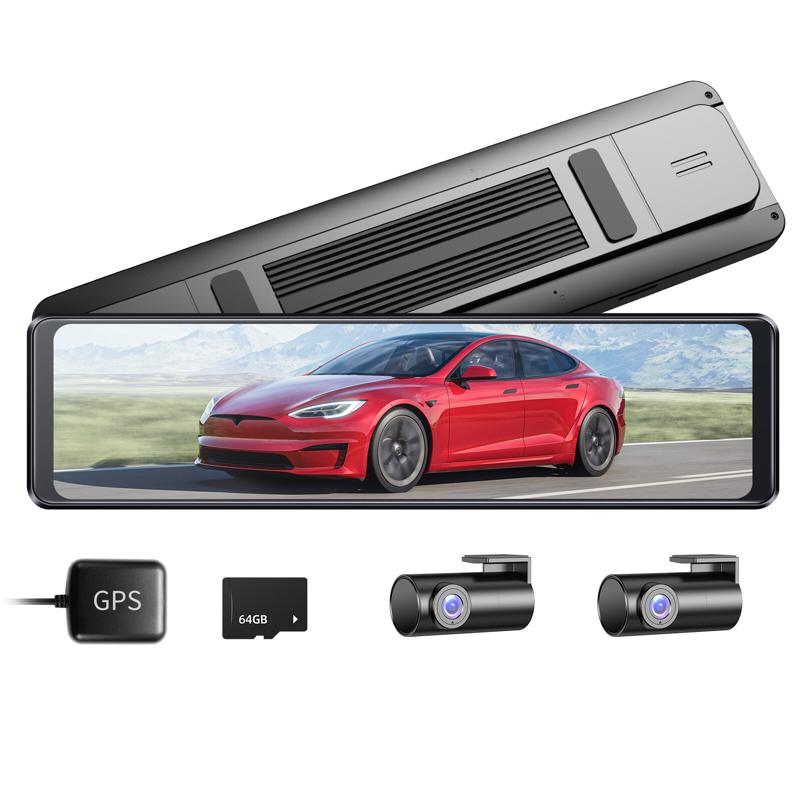 12″Full Touch Screen Mirror Dash Cam with Detached Camera FHD1080P 64GB Card＆GPS