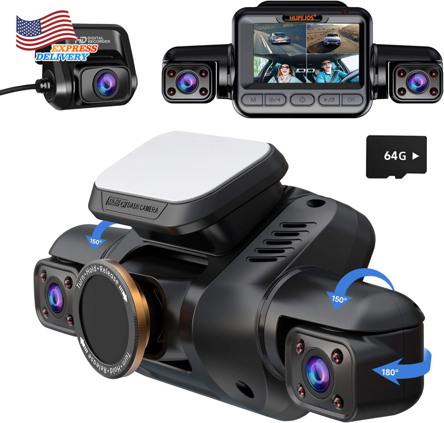 Dash Cam 4 Channel Front and Rear Inside 360° Car Camera 4K UHD