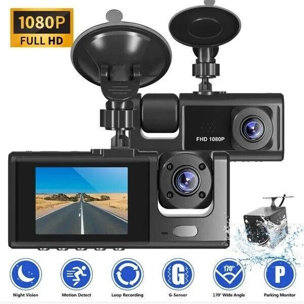 1080P HD Car Dual Lens Dash Cam Front/Rear/Inside Video Recorder Camera G-sensor