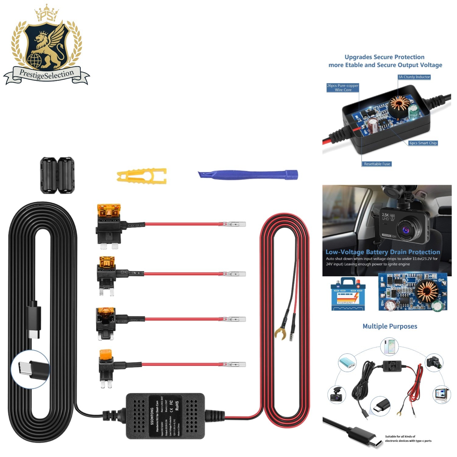 Type-C Dash Cam Hardwire Kit with 13ft Power Cord & Low Voltage Protection