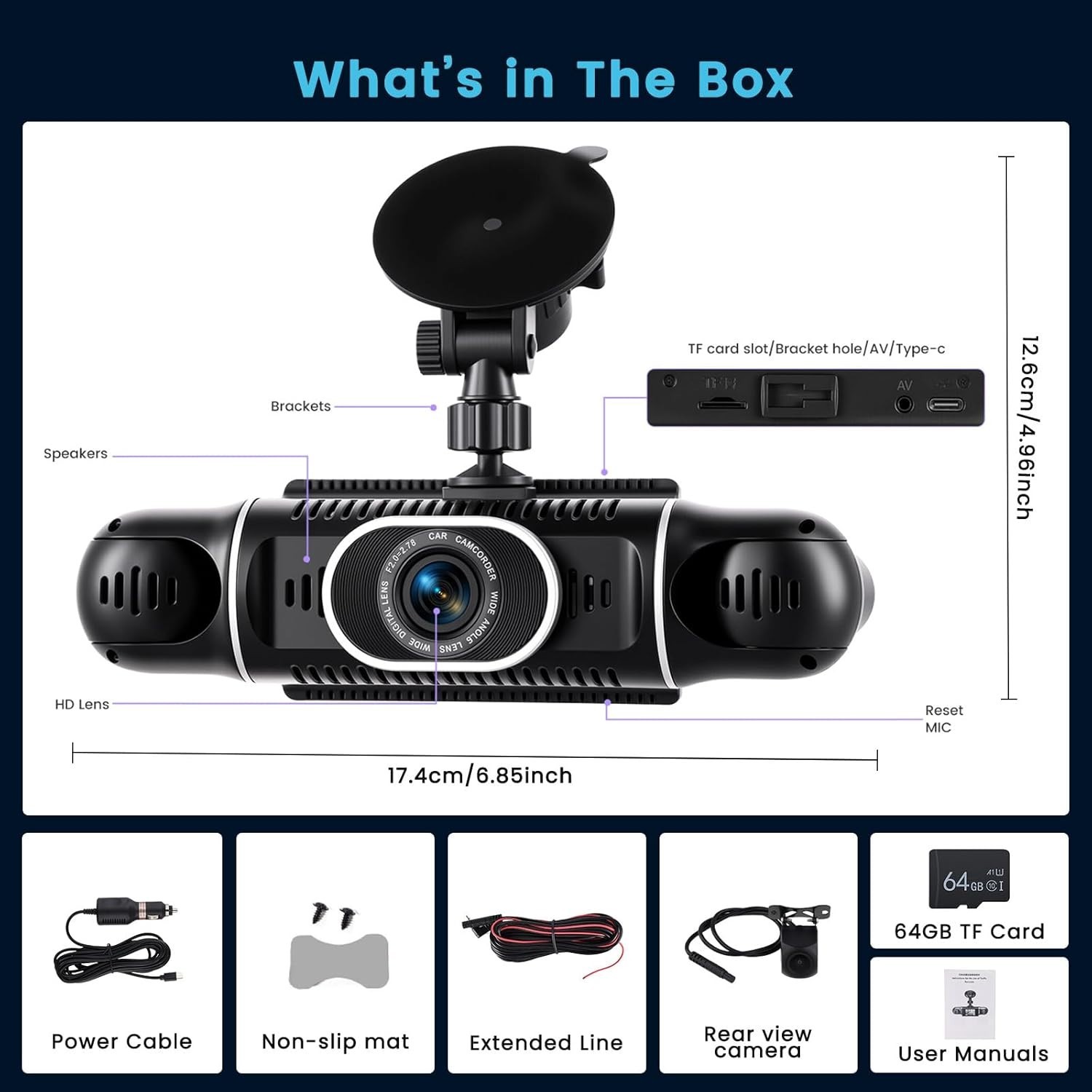 360° Dash Cam Front/Rear/Inside/Side 4-Channel FHD Wi-Fi App 64GB Night Vis S635