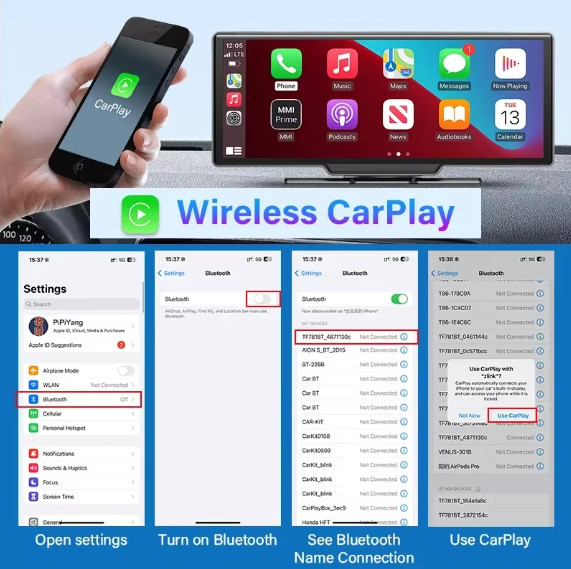 10.26″ 4K Dash Cam Mirror Display – Wireless CarPlay, Android Auto, GPS & Rearvi