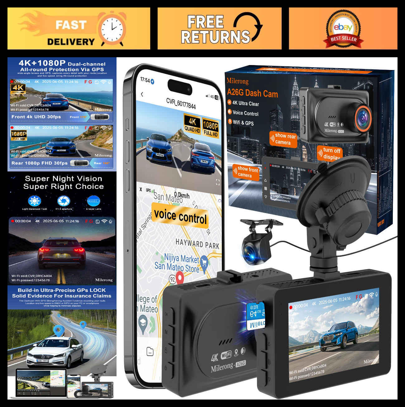 4K Dual Dash Cam Front & Rear, WiFi GPS, Voice Control, 64GB Card, Night Vision,