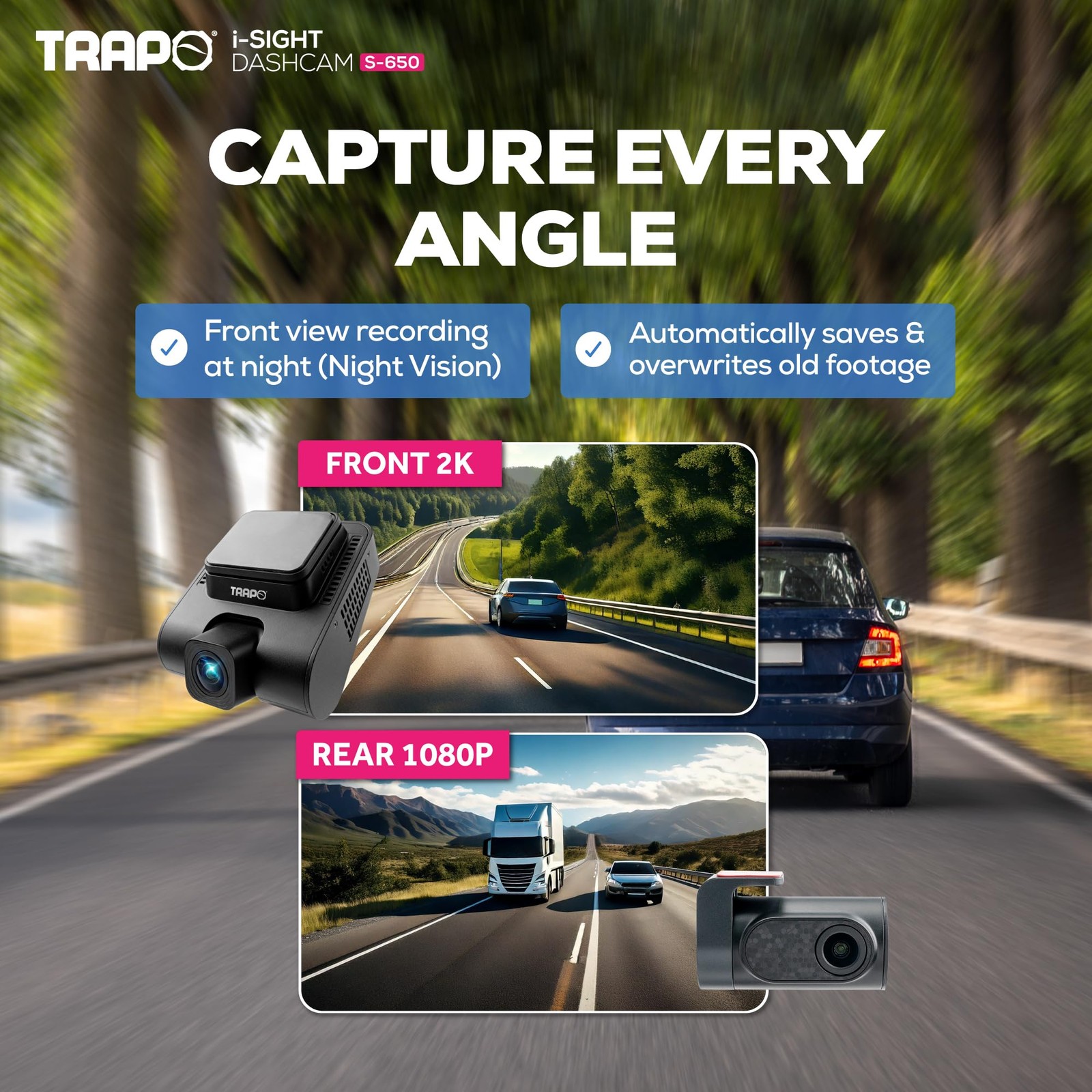Trapo S650 Dash Cam 2K HDR 2560x1440P Front and Rear Dash Cam, Car Camera