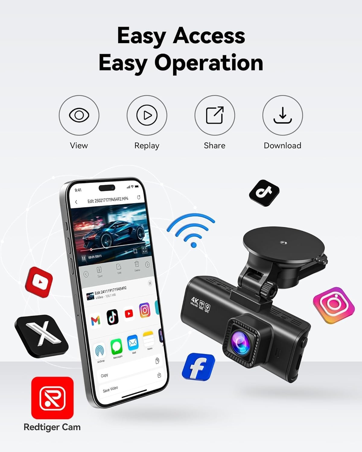 Advanced 4K Wi-Fi Dash Cam with 3.16” Screen – Front & Rear Recording, 32GB