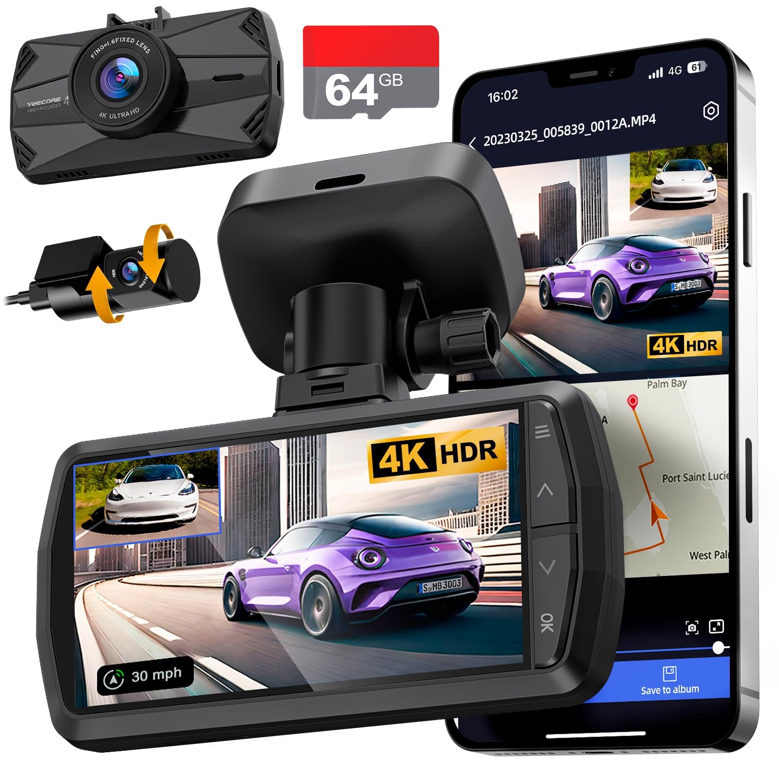 4K Dash Cam Front and Rear, Built-in WiFi GPS, 3″ IPS Screen, Included 64GB Card