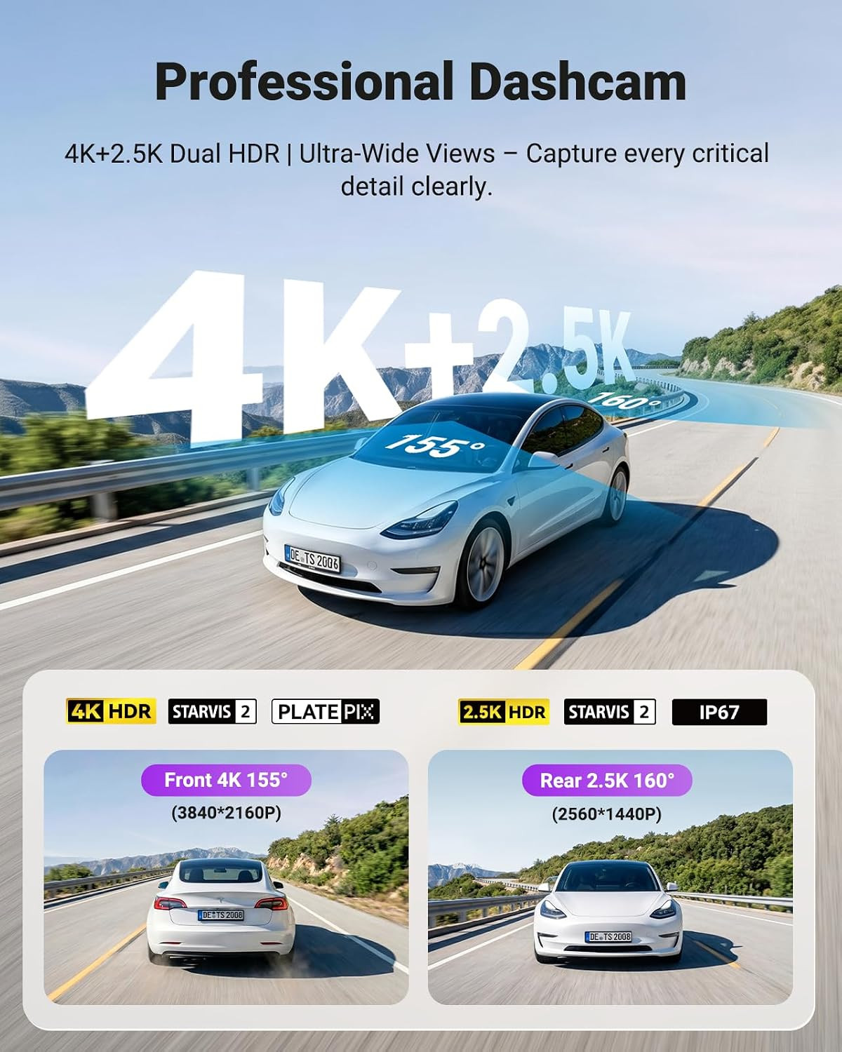 S1 Pro Max Dash Cam 4K+2.5K Front and Rear, Dual STARVIS 2, Dual HDR, Platepix N