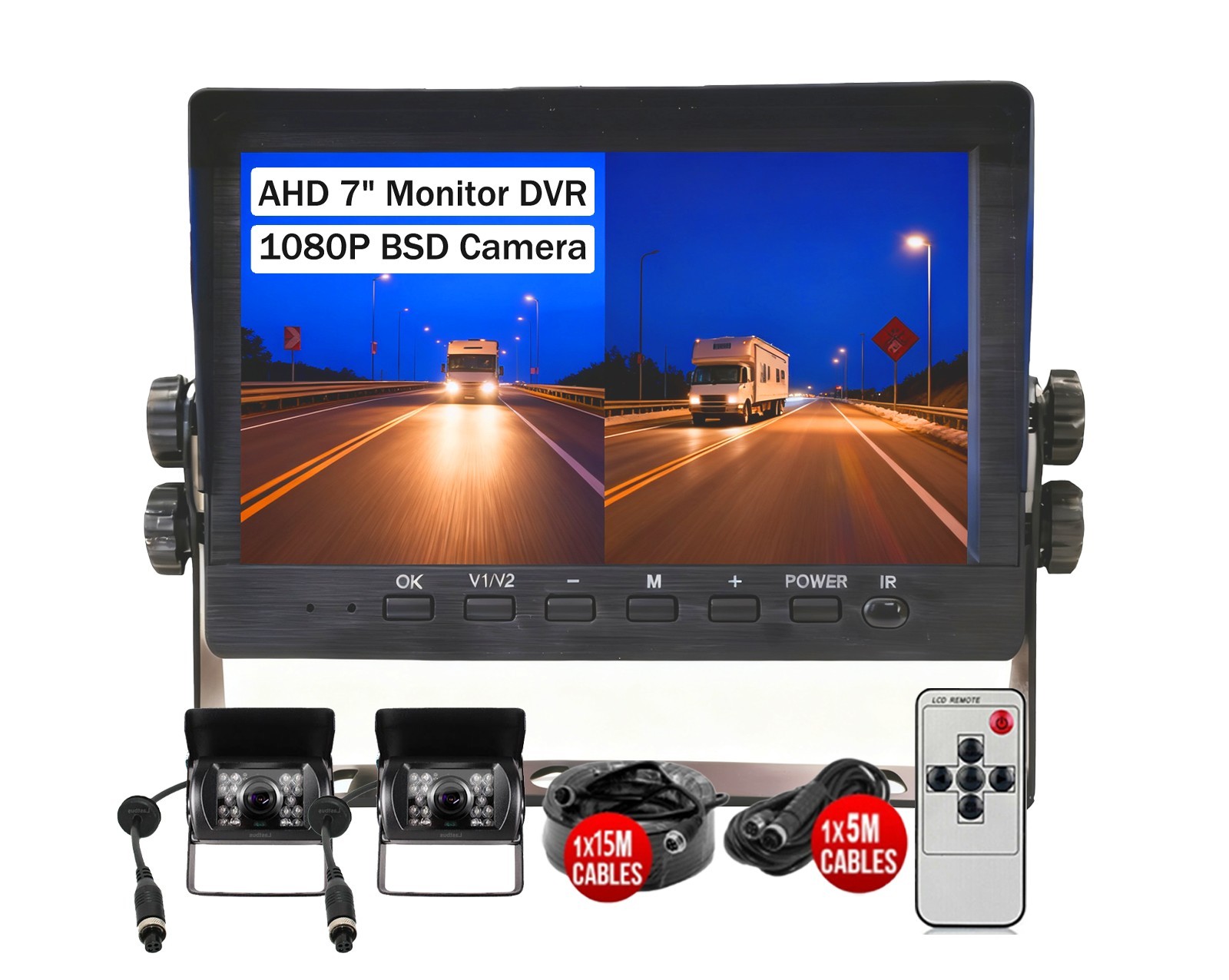 1080P 7” Monitor DVR RV Truck 2x AHD Backup Camera BSD AI Detection