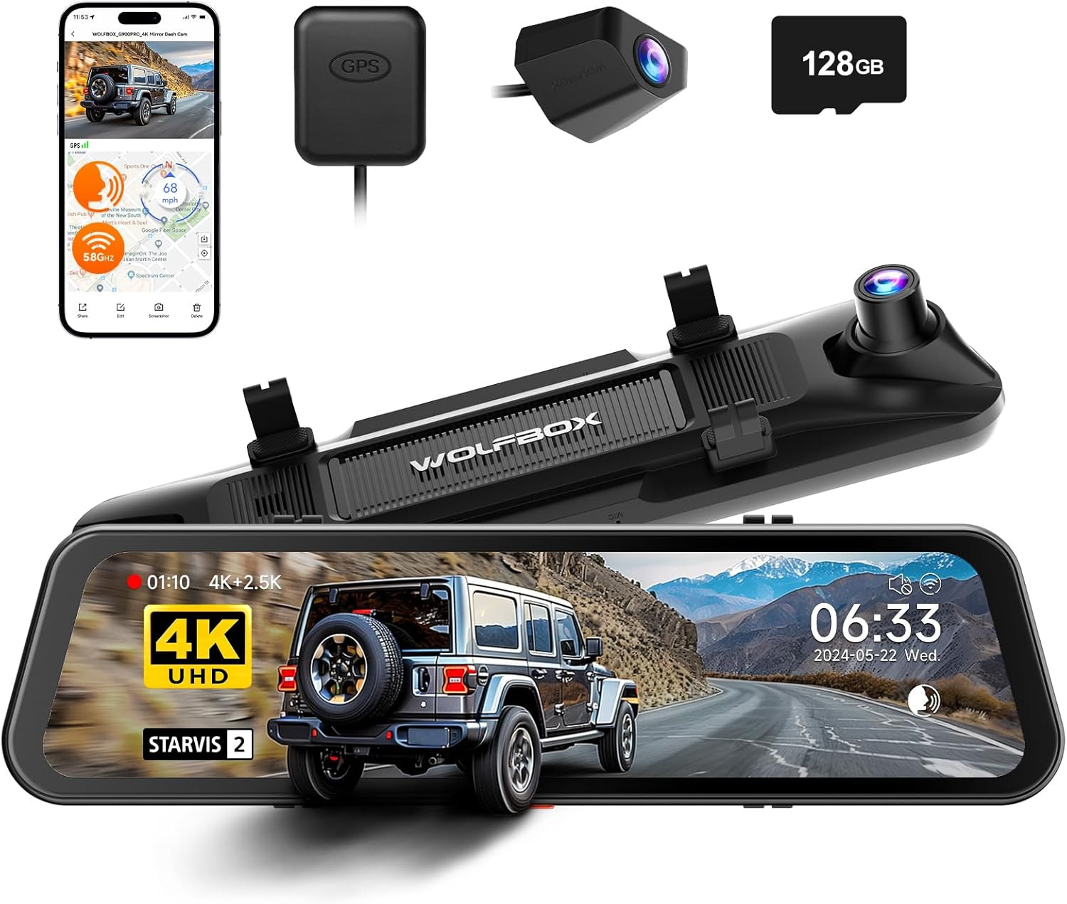 G900 PRO Mirror Dash Cam with 8MP STARVIS IMX678, 12 Inches Rear View Mirror Cam