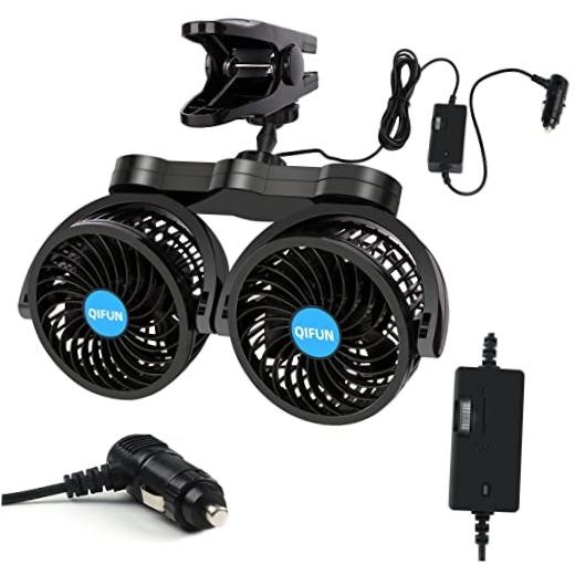 QIFUN Adjustable Dual Head 12V 360° Rotatable 4 Inches Car Clip Fan for Car Fan