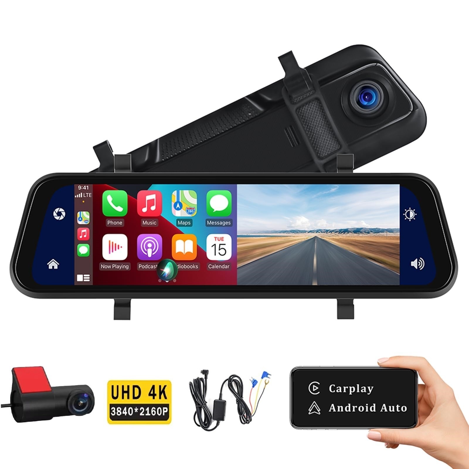4K Front Rear View Mirror Dash Cam 10 Inch IPS Touch Screen Carplay UHD Car DVR