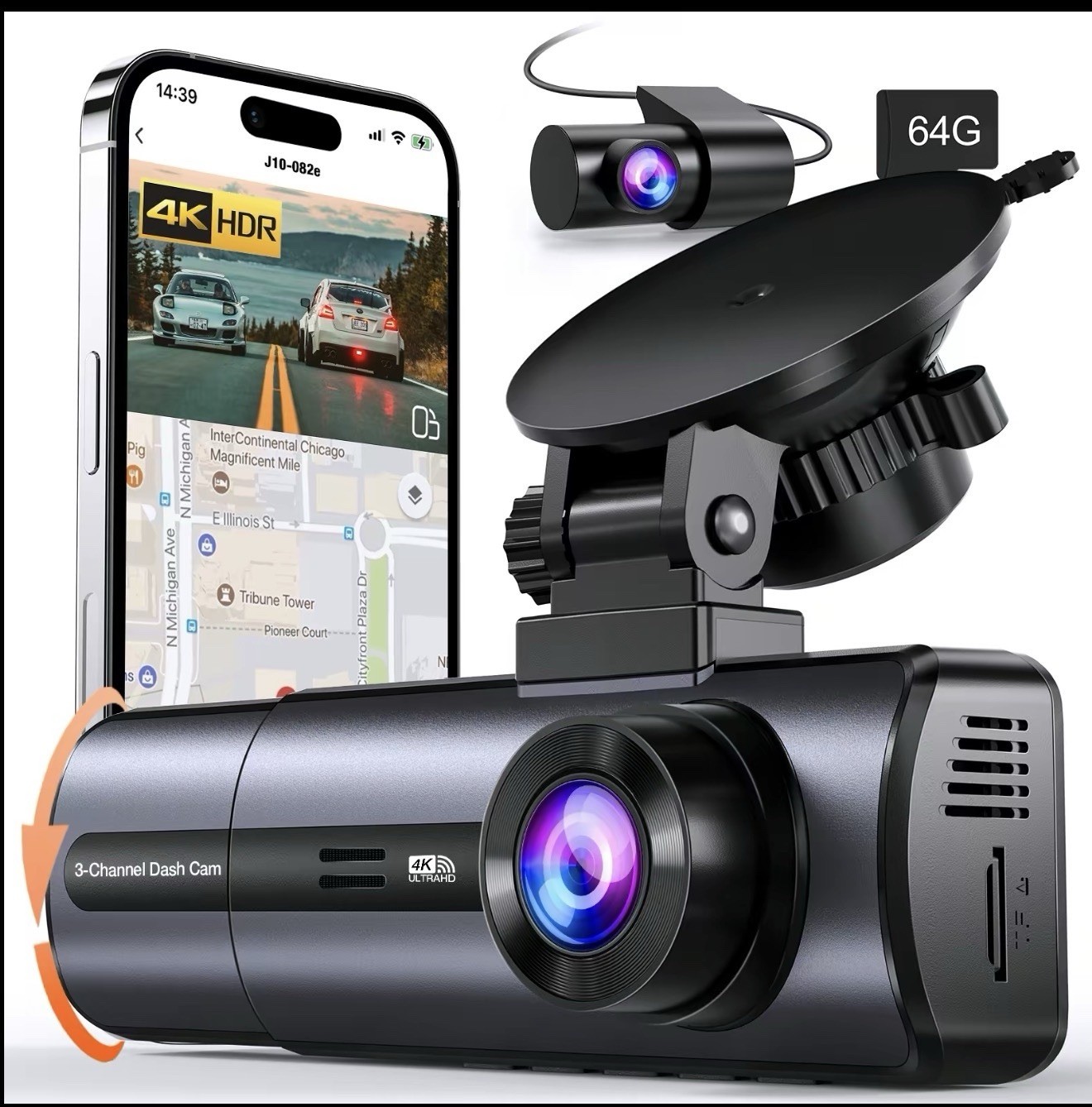 US Dashcam 3 Channel Dash Cam 4K +Inside Camera 64GB Memory Card + Accessories