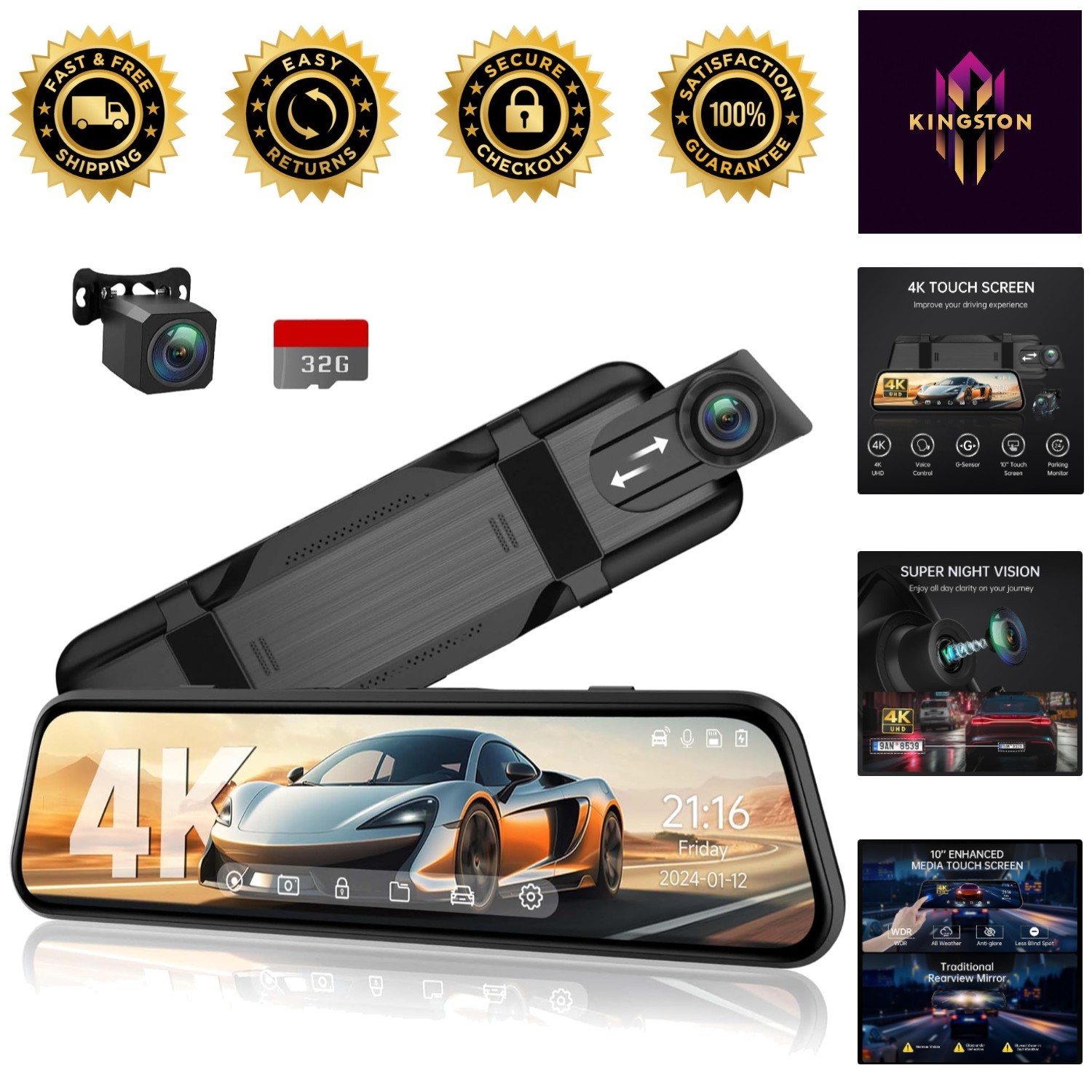 10” 4K Rear View Mirror Camera with 1080P Backup & Voice Control for Safety