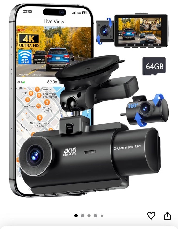 QCONTROL® 4K 5G WiFi 3 Channel Dash Cam Front & Rear Inside, 4K+1080P+1080P Dash