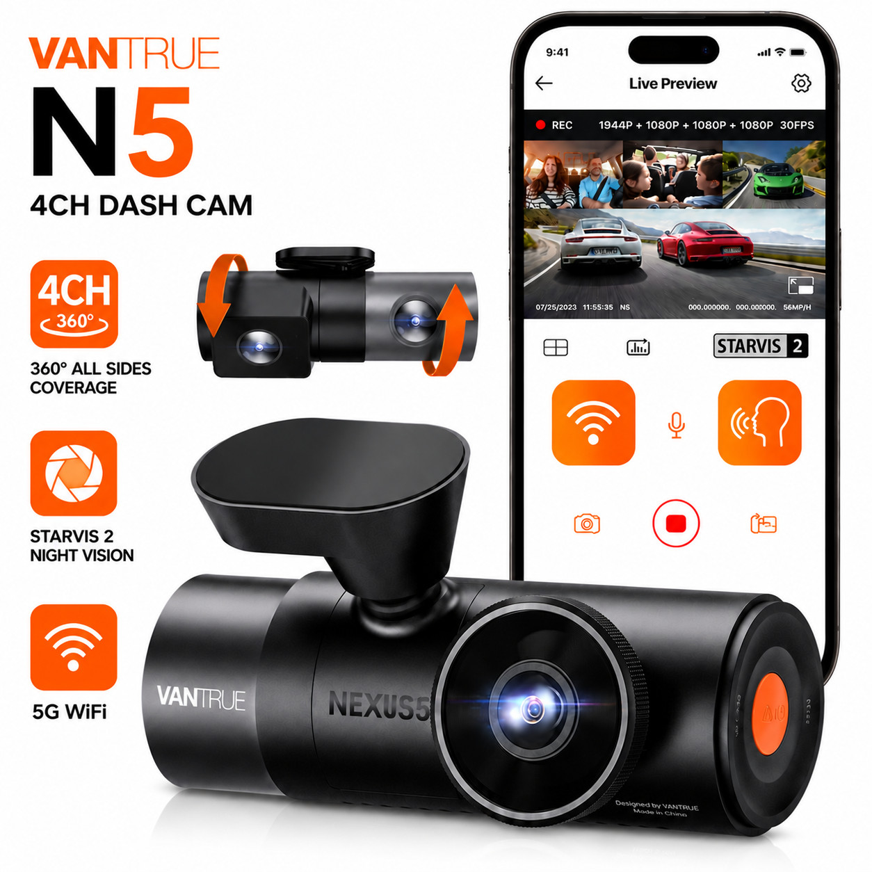 Vantrue N5 4 Channel 360° Front Rear Inside Dash Cam STARVIS 2 Parking Mode GPS