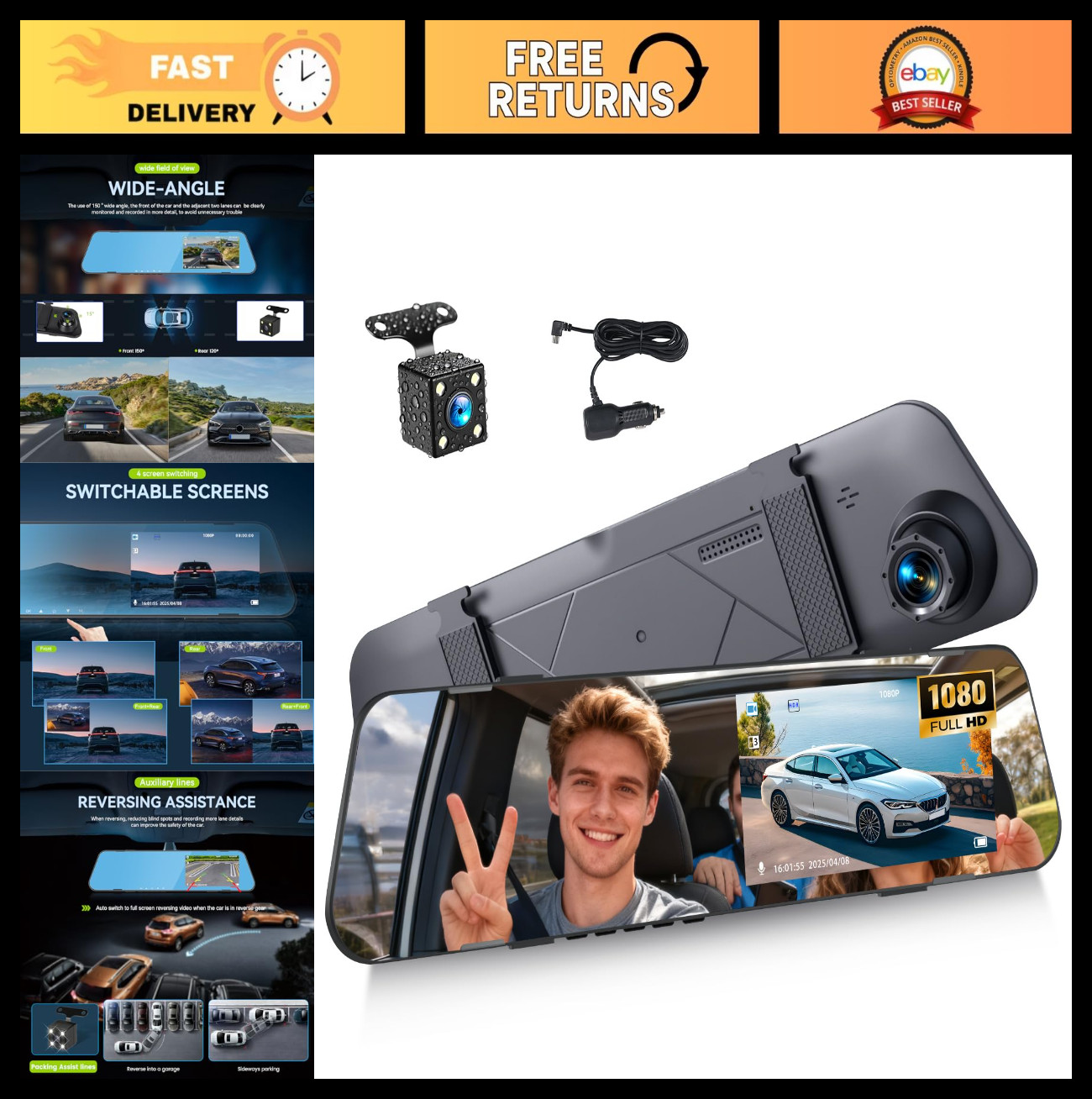 4.5″ Dual Lens 1080P Mirror Dash Cam, Front & Rear View, 150° Wide Angle, G-Sens