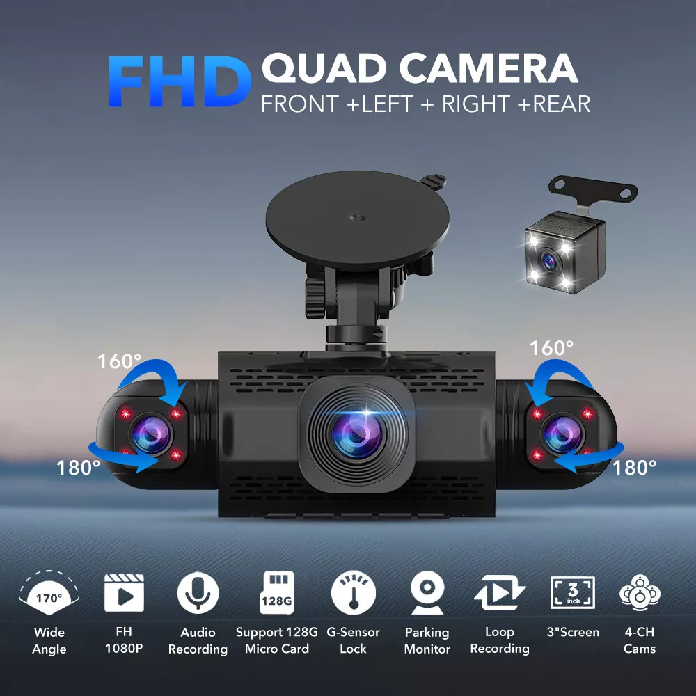4 Channel Dash Cam Front and Rear Left Right Inside Camera for Cars + 32GB Card